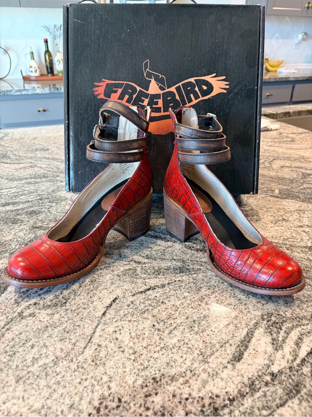Freebird by Steven Red Croc-Embossed Block Heel Pumps with Brown Ankle Straps